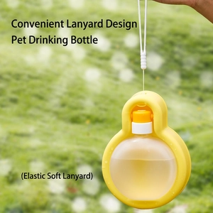 Portable pet water bottle in yellow with wrist strap for outdoor dog hiking and travel