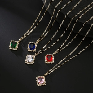 18K gold plated necklaces featuring square emerald cut cubic zirconia in five colors