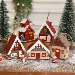 Christmas Wooden Light Up House Ornaments Warm LED Glowing Miniature Cabin Tree Hanging Desktop Festive Holiday Decor
