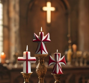 Dettaglio di candele profumate a forma di croce accese su un supporto dorato decorato