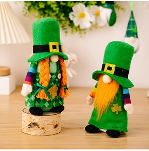 St. Patrick's Day plush gnome dolls detail shot, cute Irish holiday table decor and props.