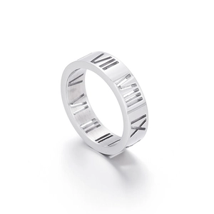 Titanium steel hollow Roman numeral ring for women with silver metallic finish