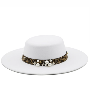 Boater Hat Women Flat Top Wide Brim Polyester Wool Felt Leopard Print Band Faux Artificial Pearl Flower Retro British Style