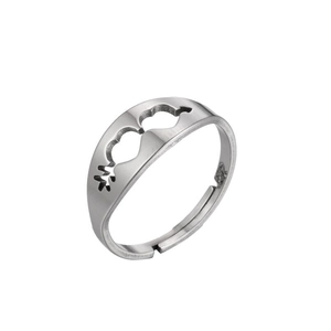 Irregular hollow heart silver ring featuring abstract couple silhouette design