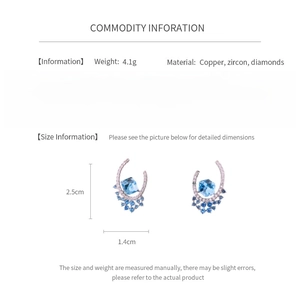 Detailed spec sheet showing 4.1g blue zircon cube earrings with 2.5cm height and copper base