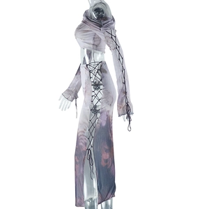 Detail of purple abstract print two-piece mesh set featuring side lace-up and high slit
