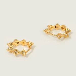 Minimalist gold pyramid stud earrings with pavé crystals in a modern geometric style