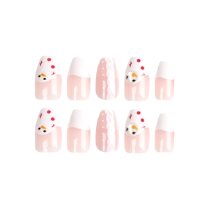 Faux ongles de Noël avec motifs bonhomme de neige, pointes roses et texture tricot 3D