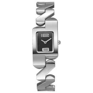 Close-up of square black dial and silver metal link strap on vintage watch