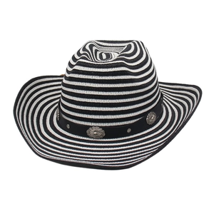 Detail of black and white striped straw cowboy hat with vintage oval metal floral studs