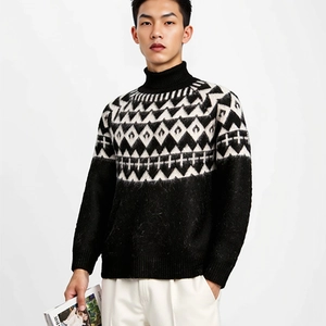 Close-up of the plush texture and geometric jacquard pattern on a men's turtleneck sweater