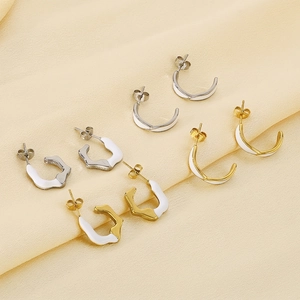 Irregular C-Shape Stainless Steel Hoop Earrings With White Enamel 14K Gold Plated Geometric Minimalist Style For Women