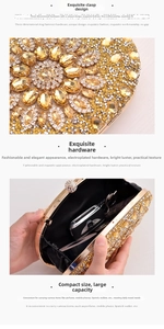 Detail view of luxury gold evening clutch with crystal rhinestones and metal gemstone clasp