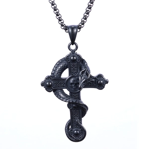 Detailed view of black skull cross pendant with snake texture on metal surface