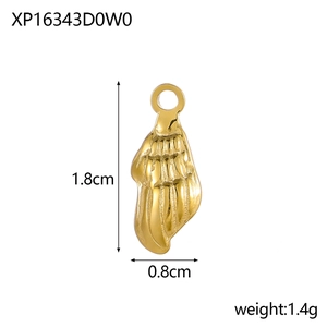 Detail of a gold stainless steel pendant with textured vertical stripes and ring loop