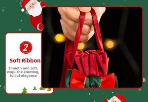 Close-up of red velvet Christmas gift bag with satin ribbon handles and festive bow