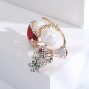 Christmas snowman brooch with white pearls and red enamel on golden alloy base
