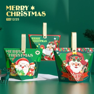 Christmas Gift Bag Cardboard Candy Box With PU Leather Handle Cartoon Santa Claus Pattern Holiday Party Favor