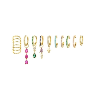 Set of 9 gold-plated ear cuffs and earrings featuring colorful marquise-cut rhinestones