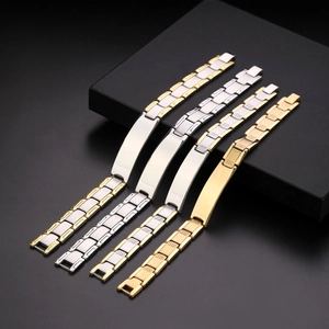 Polished titanium steel couple bracelets with blank rectangular plates in gold and silver
