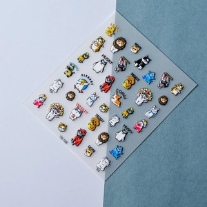 Detail of 5D embossed nail stickers featuring various cute dogs in stylish hoodies