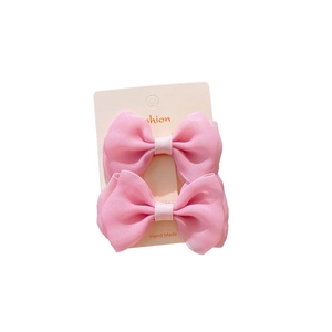 Set of two sweet pink chiffon bow hair clips with pearls for girls on display card
