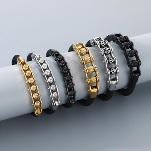 Men's punk skull braided leather bracelet set in gold silver and black stainless steel