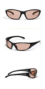 Three views of Y2K futuristic sunglasses with hollow temples and light brown lenses