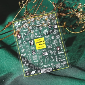 Stickers à ongles 5D embossés avec motifs de visages abstraits blancs et lettres élégantes
