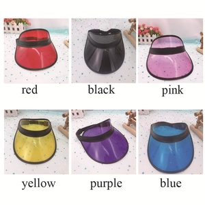 Detailed grid showing six vibrant colors of transparent PVC visor sun hats for summer