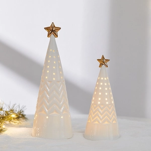Luminous ceramic Christmas tree set with gold stars for festive tabletop decor