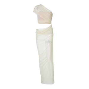 Elegant off-shoulder cream mesh maxi dress with stylish side cut-outs and pleated details