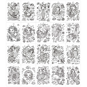 Set of 20 cartoon mermaid coloring cards for kids featuring diverse underwater sea scenes