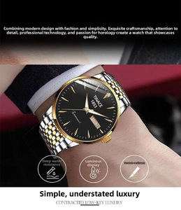 Detail of TINACE 1853 quartz watch with luminous gold hands and day-date display dial