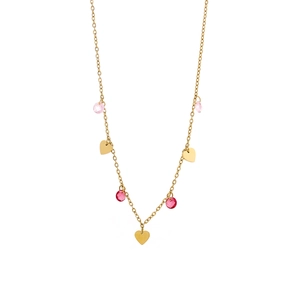 Detail of a golden thin chain necklace featuring colorful heart pendants and crystal beads