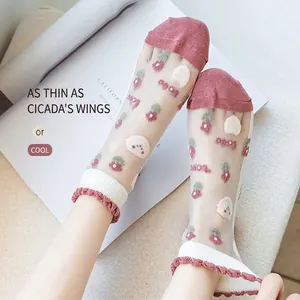 Women's thin sheer mesh socks with strawberry pattern and sweet wave edge lace trim