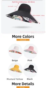 Detailed size specifications for wide brim sun hat showing 18cm brim and adjustable fit