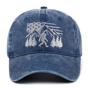 Navy washed denim baseball cap with forest and Sasquatch embroidery in outdoor style
