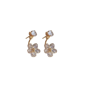 Sparkling gold five-petal flower stud earrings with crystals and dangling zircon accents