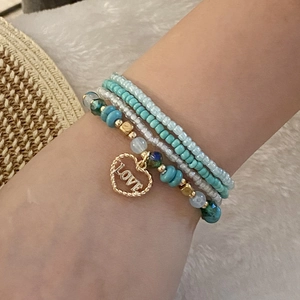Multi-layer colorful beaded bracelet with gold heart LOVE pendant for women
