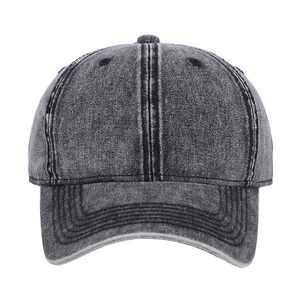Classic washed dark grey denim baseball cap with vintage distressed finish and curved brim