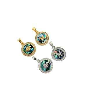 18K gold plated round shell pendants with butterfly and bee insect motifs and crystals