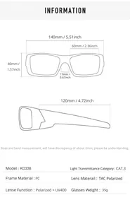 Tabella dimensioni per occhiali KD338 con larghezza 140mm e montatura in policarbonato (PC)