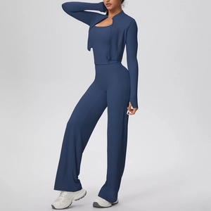Ensemble de yoga 3 pièces avec veste zippée bleu marine et pantalon large de fitness