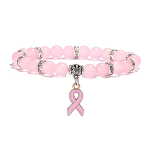 Bracelet en agate rose 8mm avec perles œil de chat et pendentif ruban contre le cancer du sein