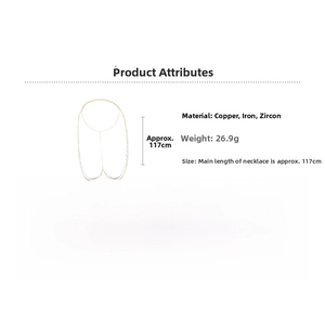 Makro-Detail einer minimalistischen Zirkon-Körperkette mit 117 cm Länge und Materialinfo