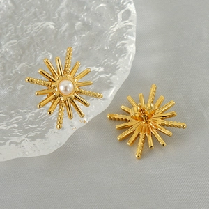 18K gold plated starburst stud earrings with white pearl centers for women