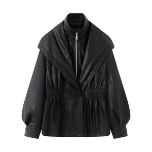 Veste vintage en similicuir noir pour femme avec col montant et poignets élastiques