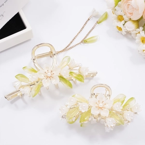 Elegant gold metal flower hair claw clips with white camellia and hanging tassels