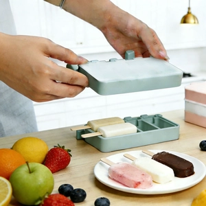 Moule à glace en silicone vert à 4 cavités avec couvercles et bâtonnets en bois